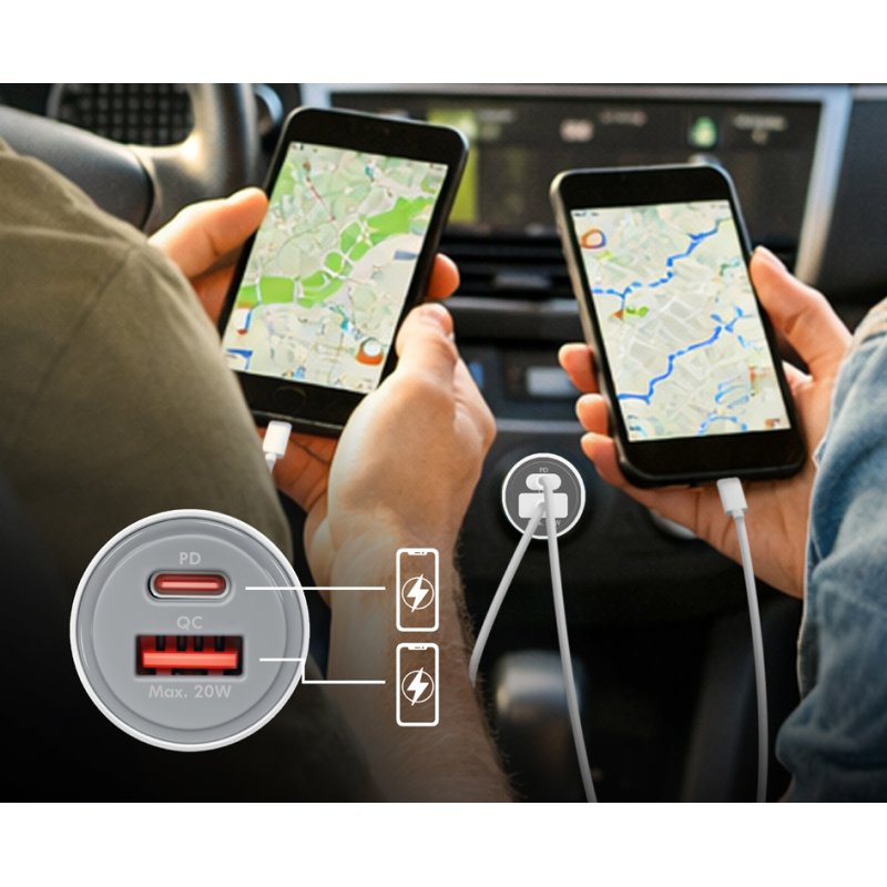 LogiLink Chargeur auto USB Dual-USB, 20 Watts, argent, marteau de secours