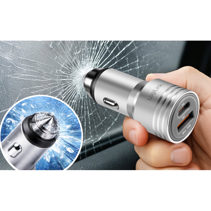 LogiLink Chargeur auto USB Dual-USB, 20 Watts, argent, marteau de secours