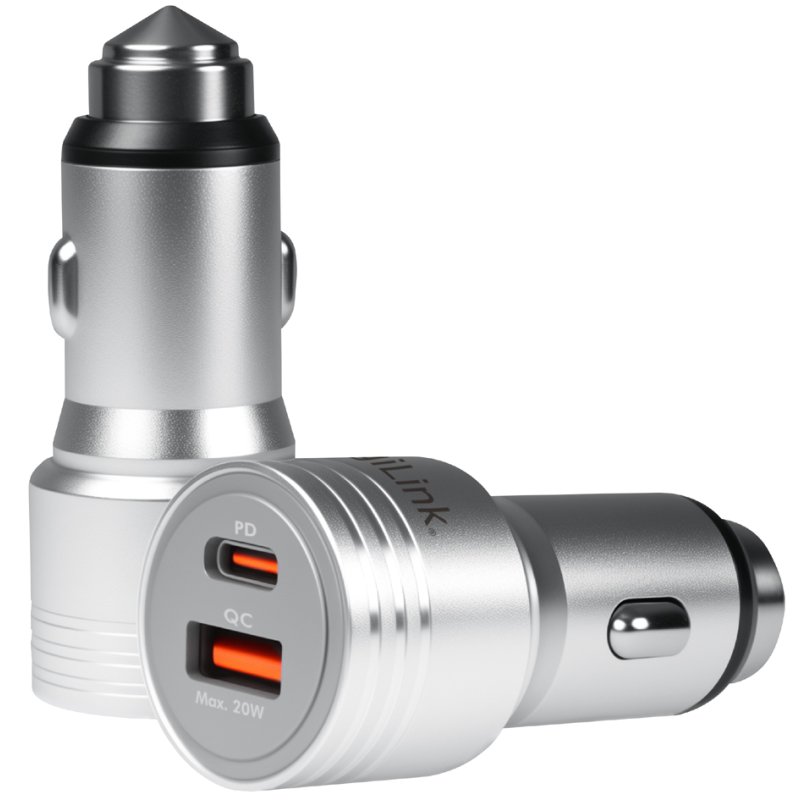 LogiLink Chargeur auto USB Dual-USB, 20 Watts, argent, marteau de secours