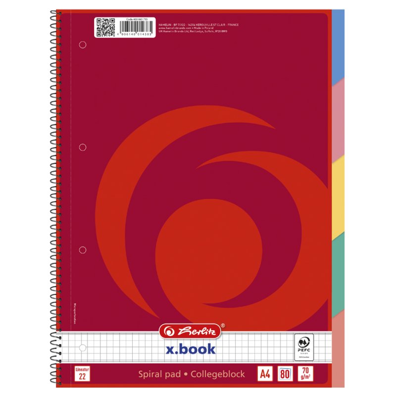 herlitz bloc-notes quadrillé A4, 80 feuilles, spirale double, perforation 4 trous