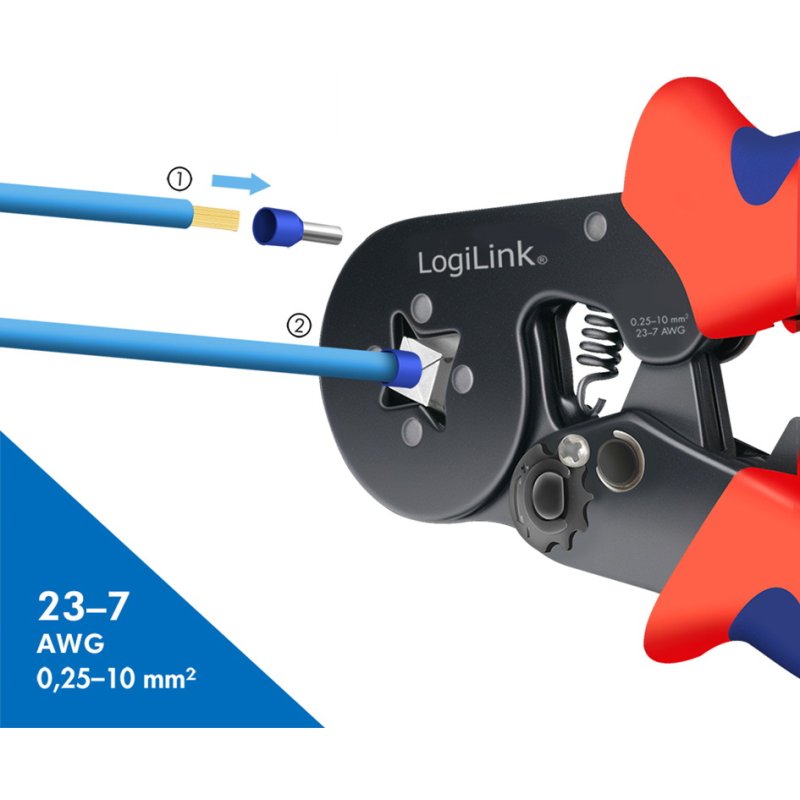 LogiLink Professional wire end ferrule crimping pliers, square crimp 0.25–10 mm², black/red/blue