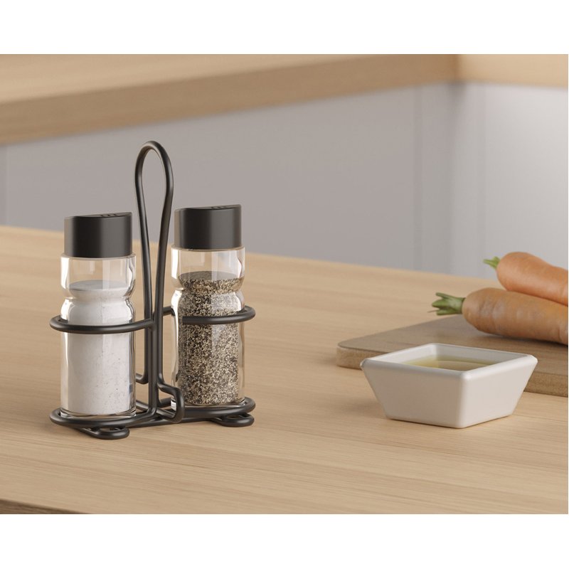 metaltex salt and pepper holder Spice Line, 3-piece, transparent glass with black lid