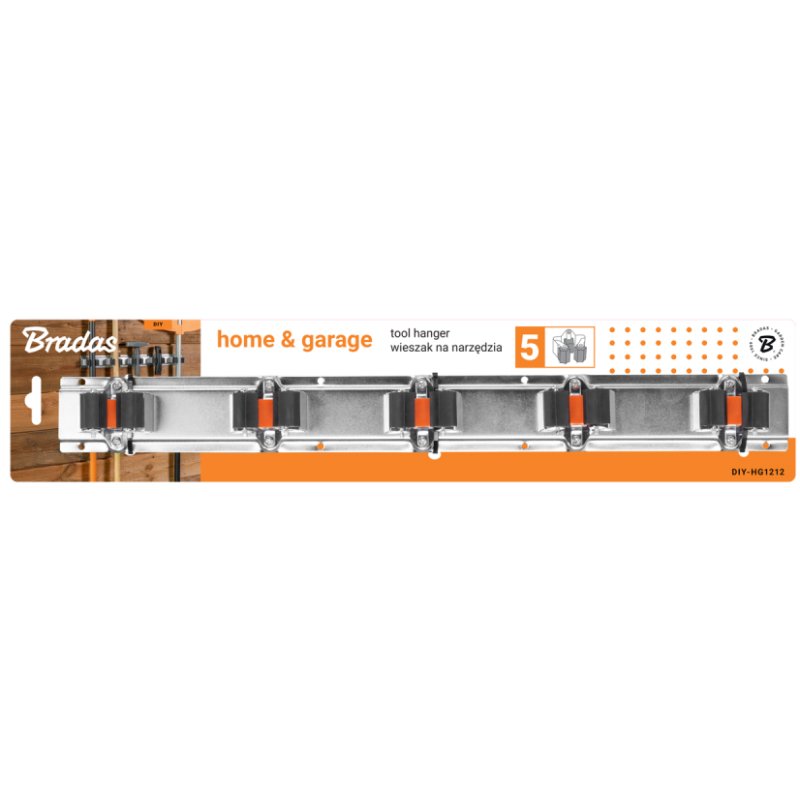 Bradas 5-way tool holder, silver/orange/black, wall mounting, steel & TPR