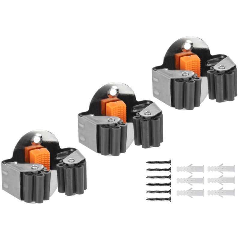 Bradas broom and tool holder, black/orange/silver, 3-piece set, wall mounting, stainless steel & TPR