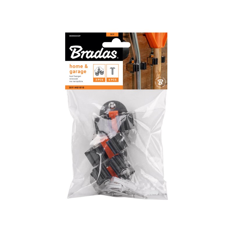Bradas broom and tool holder, black/orange/silver, 3-piece set, wall mounting, stainless steel & TPR