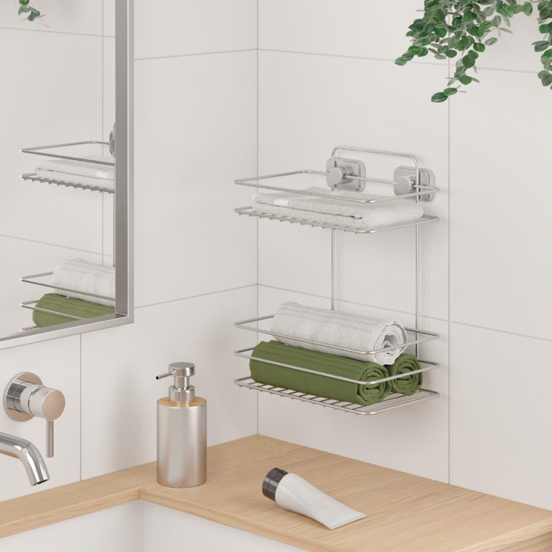 Metaltex Porte-serviettes Reflex Luxy, métal argenté, 2 étages, fixation par ventouse