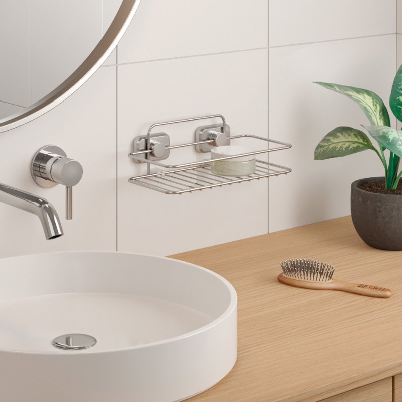 Metaltex étagère Reflex Luxy, métal argenté, système vacuum-fix, 260x130x110 mm