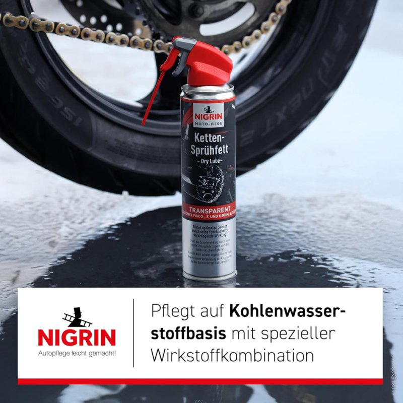 NIGRIN MOTO-BIKE chain spray grease, 400 ml spray bottle, hydrocarbon base
