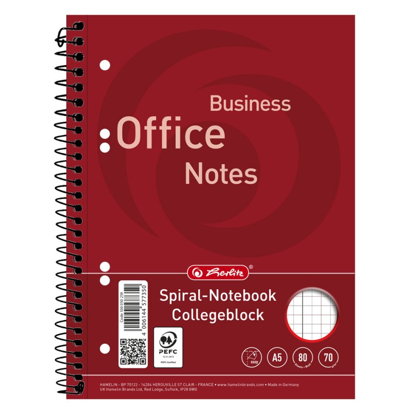 herlitz carnet de notes professionnel A5, ligné, 80 feuilles, reliure spirale