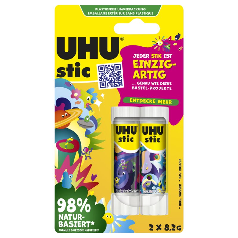 UHU lijmstift stic Unique, 3 x 8,2 g, gesorteerde kleuren