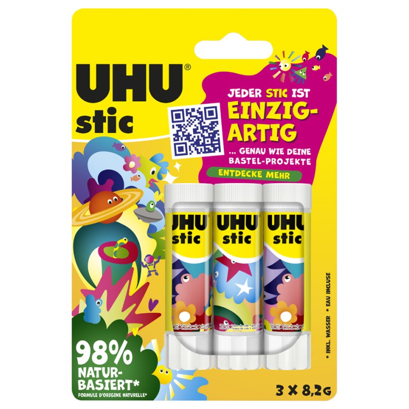 UHU lijmstift stic Unique, 3 x 8,2 g, gesorteerde kleuren