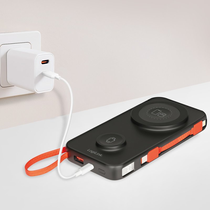 LogiLink magnetic power bank, 10,000 mAh, USB-A/USB-C, black/orange
