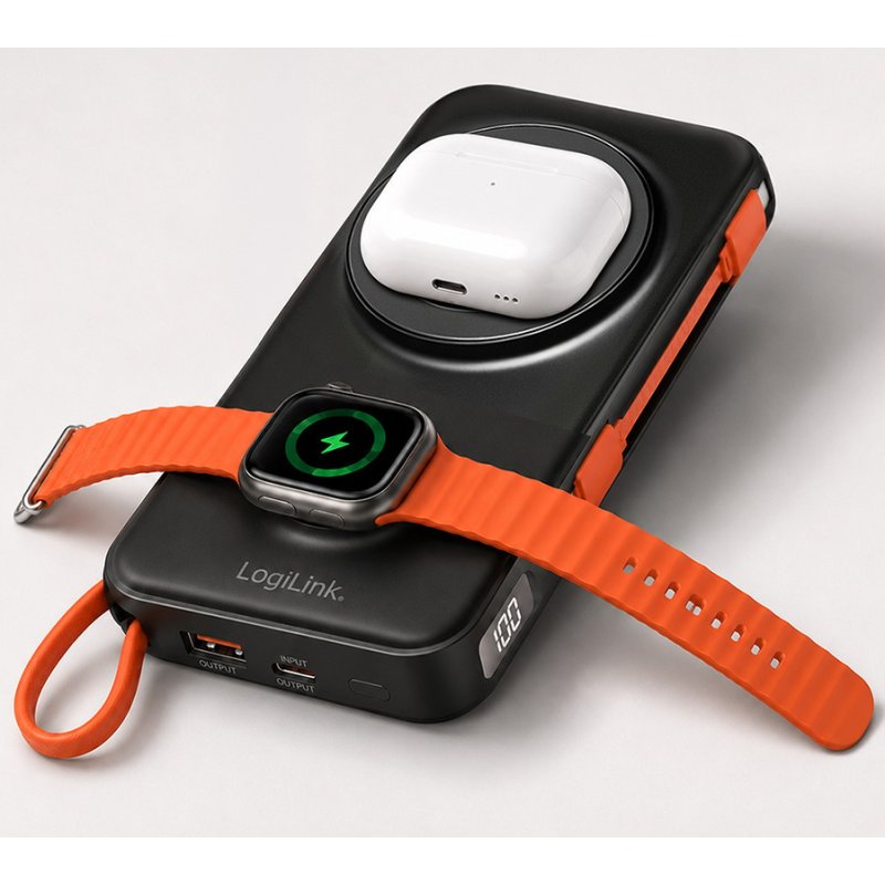 LogiLink magnetic power bank, 10,000 mAh, USB-A/USB-C, black/orange