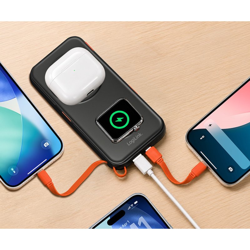 LogiLink magnetic power bank, 10,000 mAh, USB-A/USB-C, black/orange