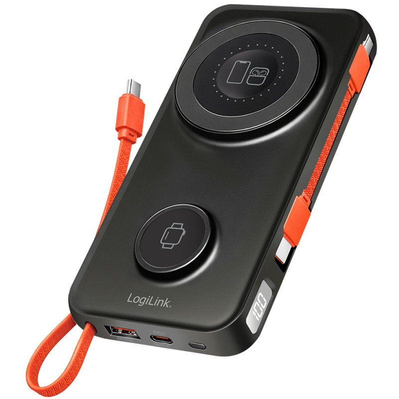 LogiLink magnetic power bank, 10,000 mAh, USB-A/USB-C, black/orange