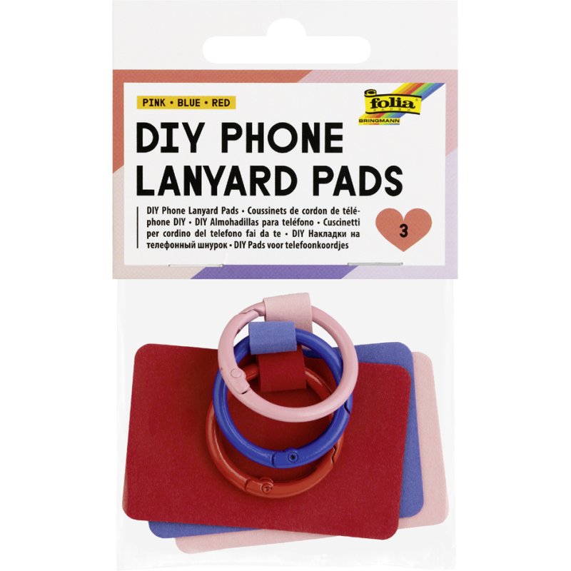 folia DIY Phone Lanyard adhesive fastening rings, 3 pieces, red/blue/pink