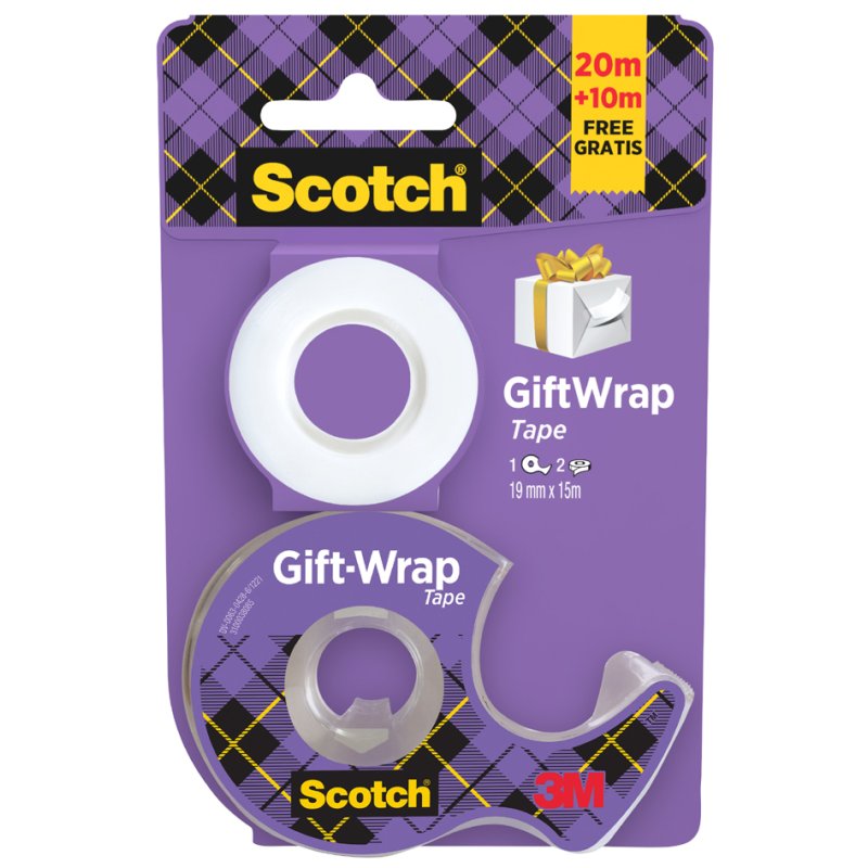 Scotch Ruban Cadeau GiftWrap, avec dérouleur manuel, 2 rouleaux 19 mm x 15 m
