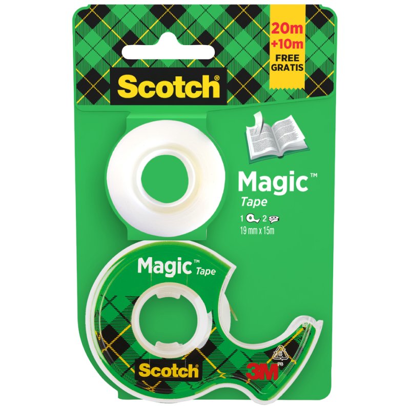 Scotch plakband Magic, mat, onzichtbaar, 2 rollen 19 mm x 15 m + handafroller