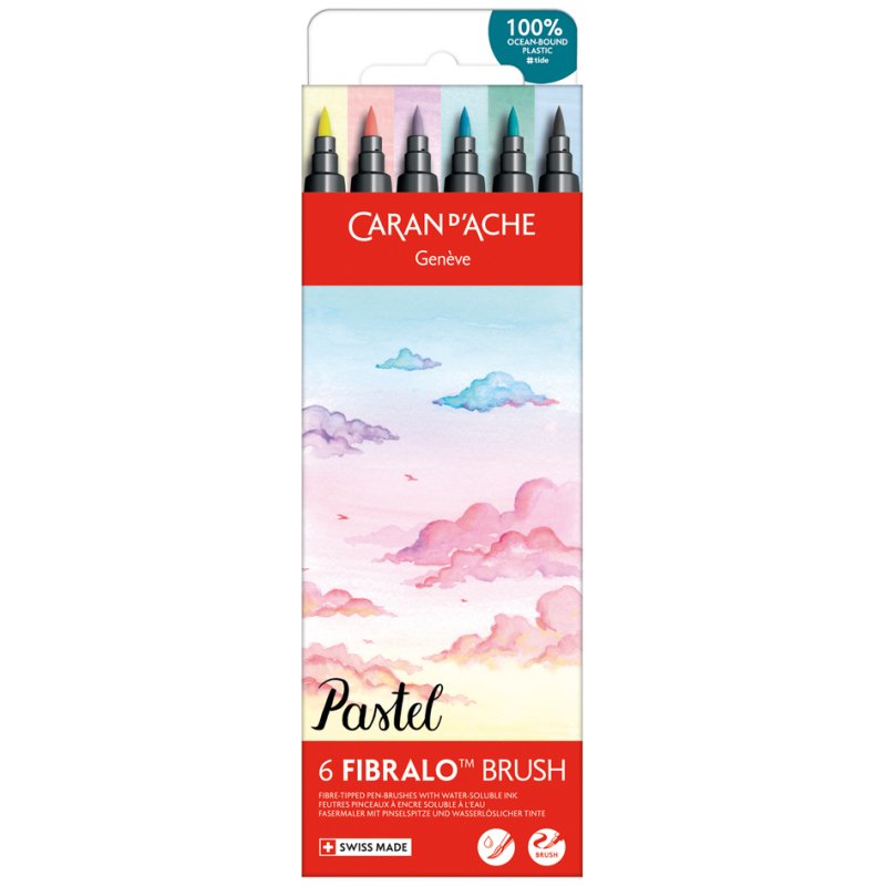 CARAN D'ACHE stylos FIBRALO Brush PASTEL, pointe pinceau, 6 pièces, 0,5-5 mm