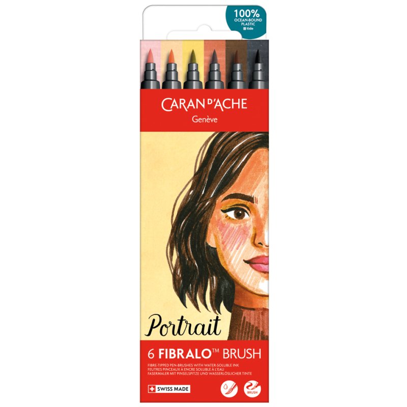 CARAN D'ACHE stylos FIBRALO Brush PASTEL, pointe pinceau, 6 pièces, 0,5-5 mm