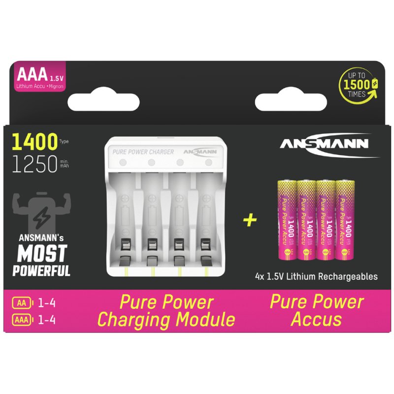 ANSMANN Lithium Charger Set, white, 4x AAA rechargeable batteries including cable