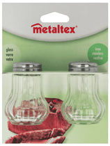 metaltex salt and pepper shaker, glass, stainless steel, 2-piece