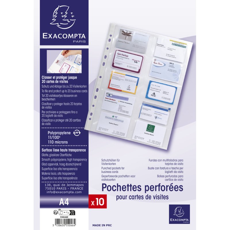 EXACOMPTA business card sleeves A4, PP, 0.11 mm, transparent, 10 pieces