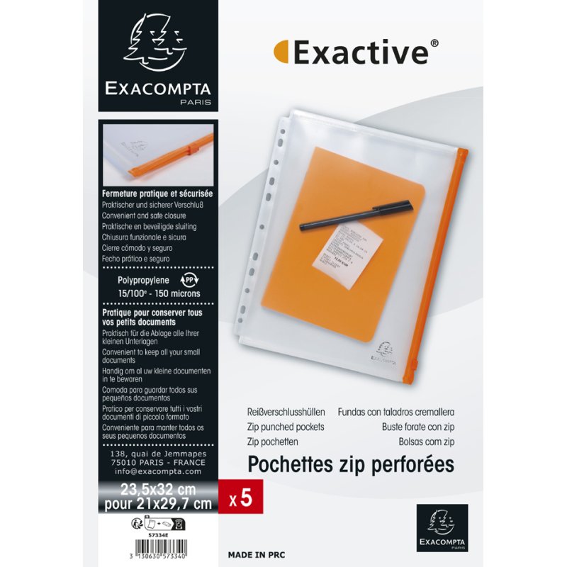 EXACOMPTA zip folders A4, clear/orange, PP 0.15 mm, 5 pieces
