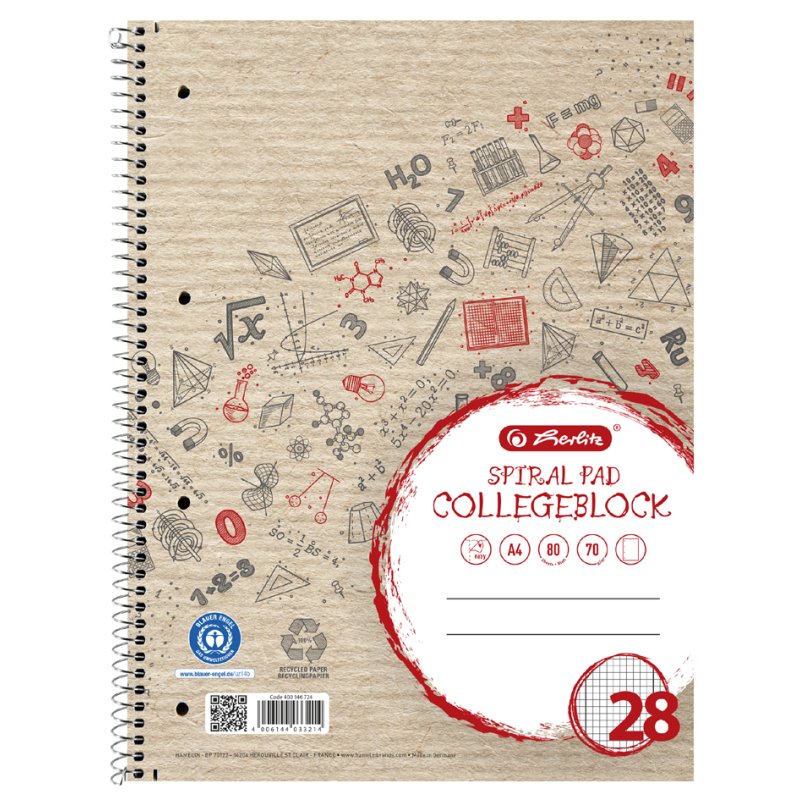 LANDRÉ bloc de cours papier recyclé A4, quadrillé, rouge, 80 feuilles