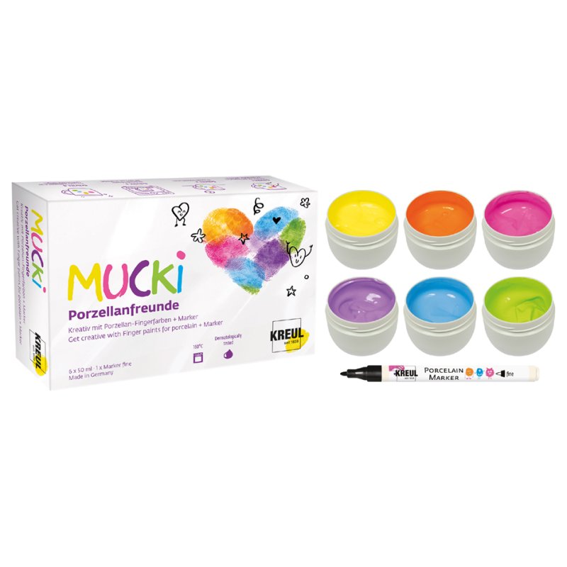 KREUL MUCKI porcelain paint, set of 6 colours, 50 ml + marker