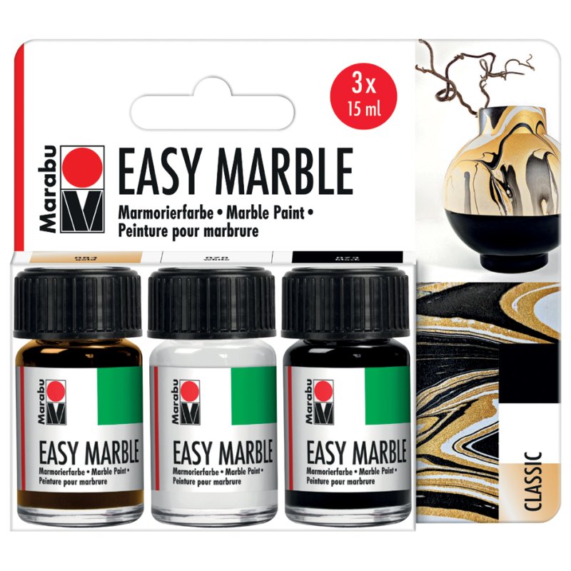 Marabu marmerverf Easy Marble Classic, wit/zwart/goud, 3 x 15 ml