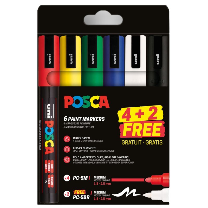 POSCA pigmentmarker PC-5M + PC-5BR, watervast, 6 stuks