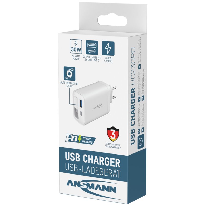 ANSMANN Home Charger USB-A/USB-C, white, 30 Watt