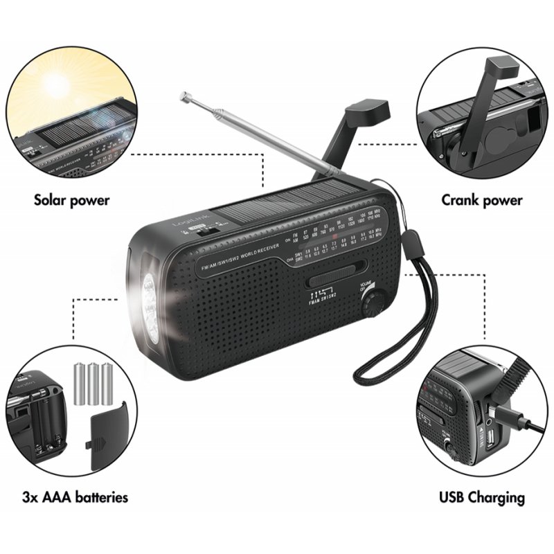 LogiLink emergency radio solar and hand crank, black, 1200 mAh, 4-in-1