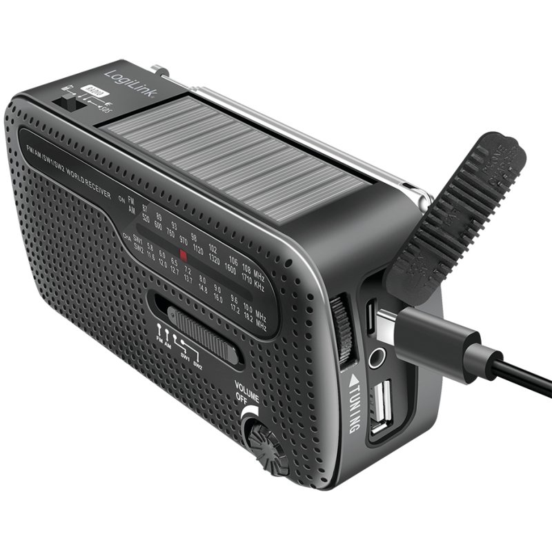 LogiLink emergency radio solar and hand crank, black, 1200 mAh, 4-in-1