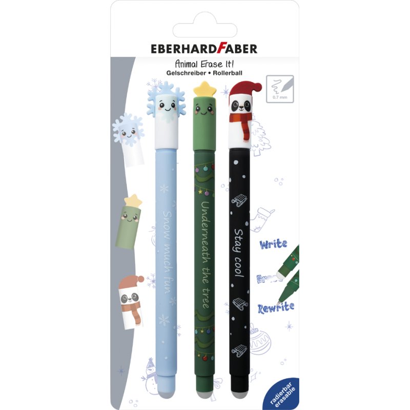 EBERHARD FABER gelpen Animal Erase it! WINTER, blauw, 0,7 mm, 3 stuks